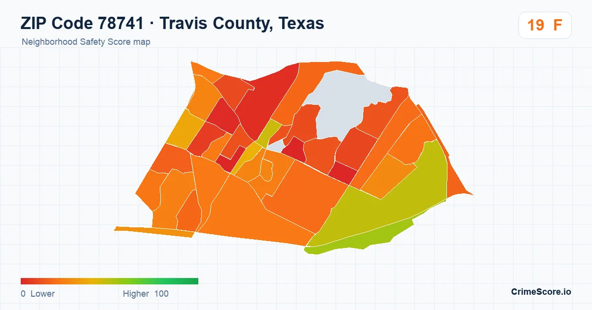 ZIP Code 78741 in Travis County, Texas neighborhood Safety Score map