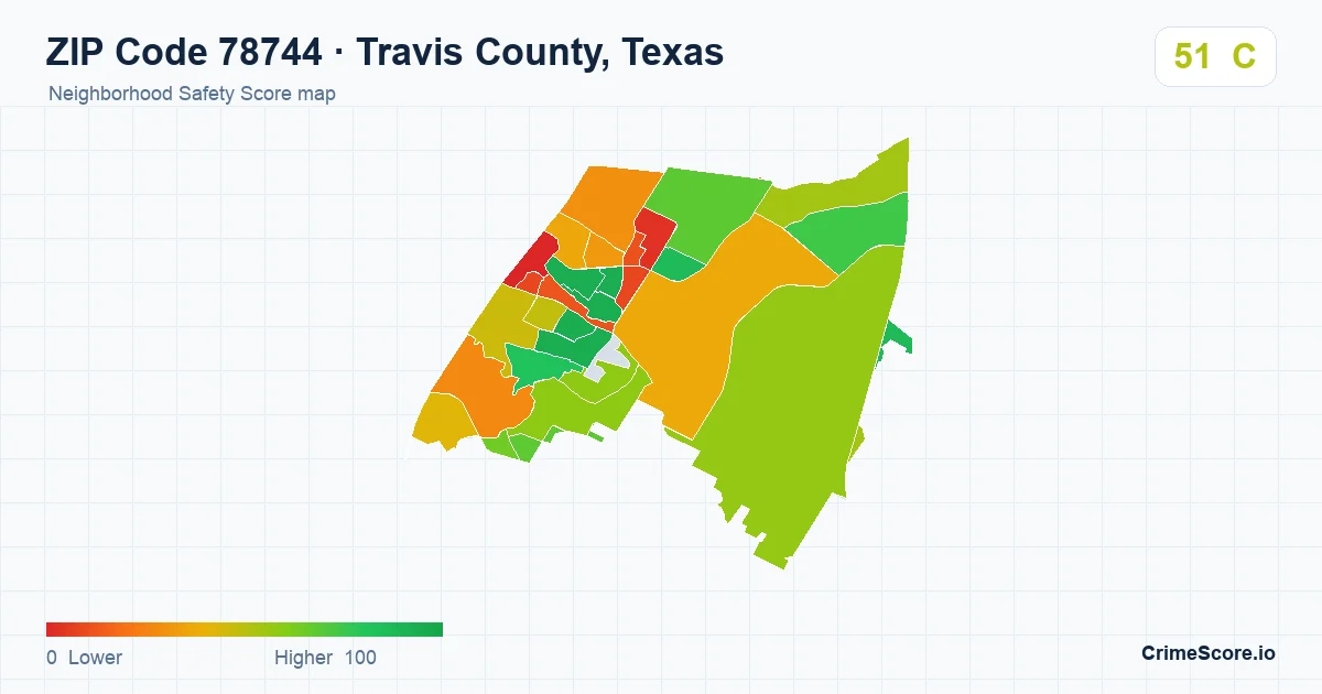 ZIP Code 78744 in Travis County, Texas neighborhood Safety Score map