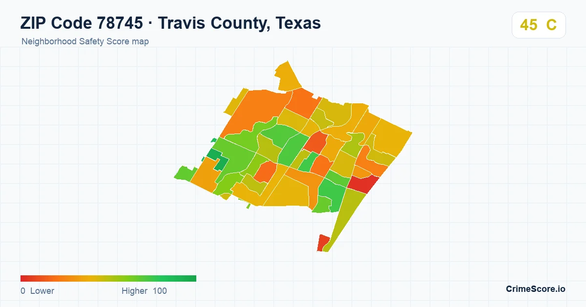ZIP Code 78745 in Travis County, Texas neighborhood Safety Score map