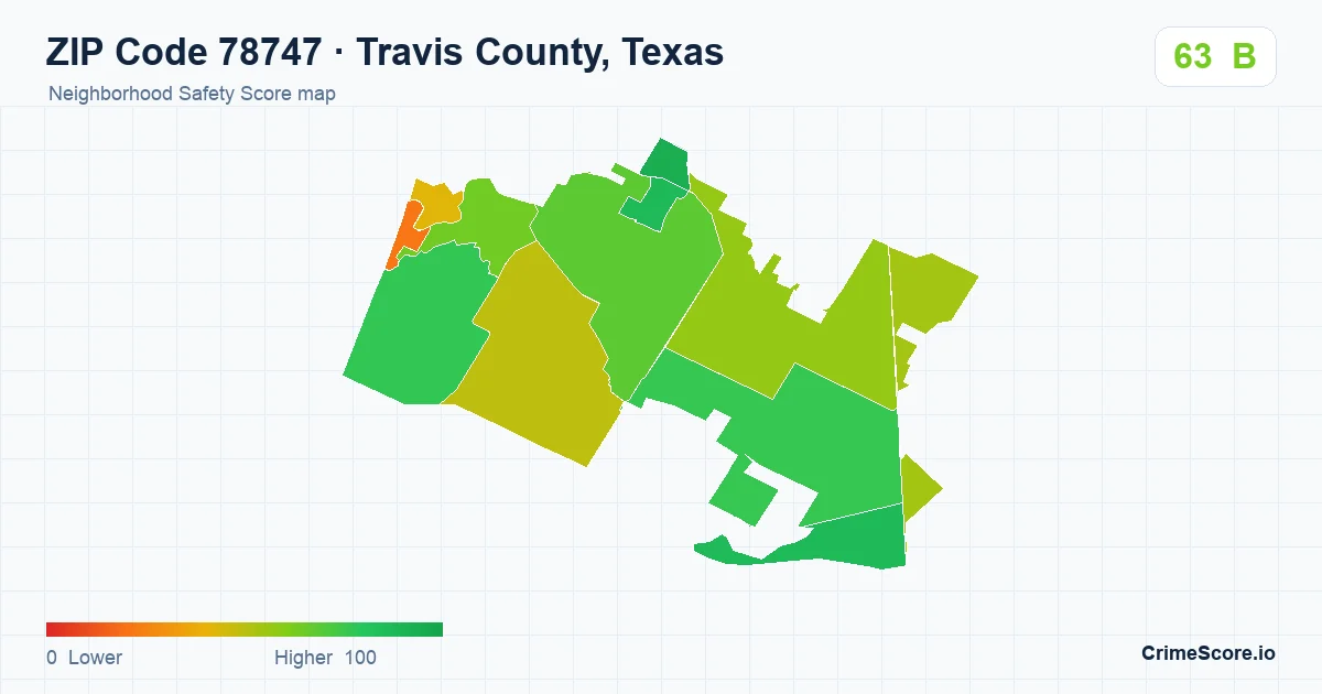 ZIP Code 78747 in Travis County, Texas neighborhood Safety Score map