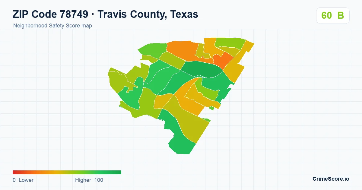 ZIP Code 78749 in Travis County, Texas neighborhood Safety Score map
