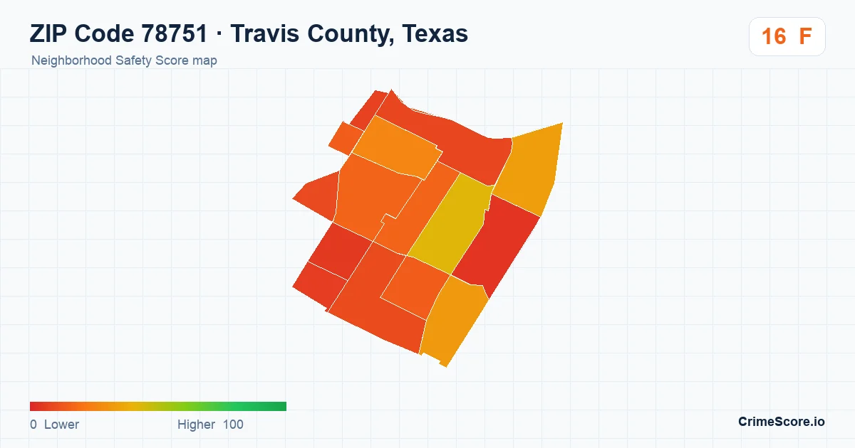 ZIP Code 78751 in Travis County, Texas neighborhood Safety Score map