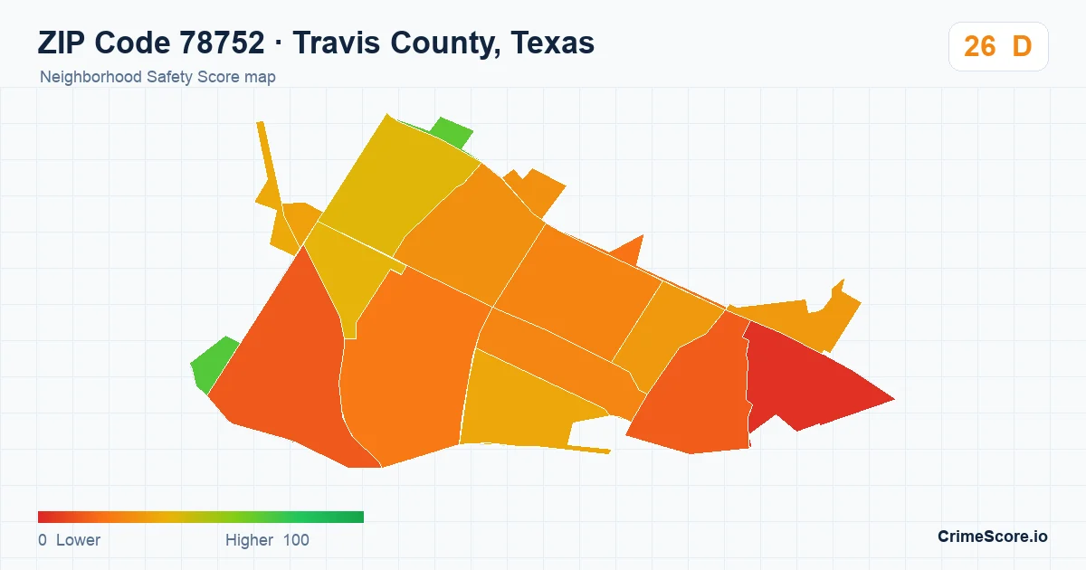 ZIP Code 78752 in Travis County, Texas neighborhood Safety Score map