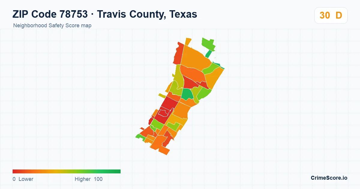 ZIP Code 78753 in Travis County, Texas neighborhood Safety Score map