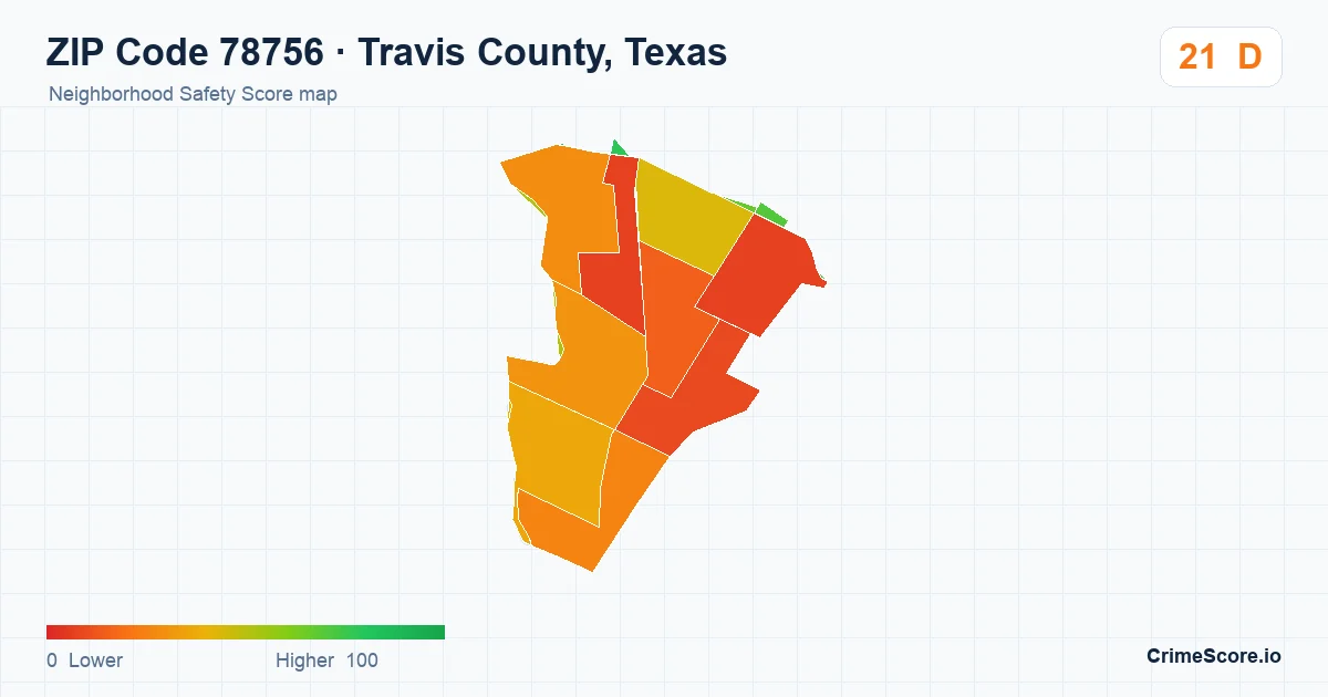 ZIP Code 78756 in Travis County, Texas neighborhood Safety Score map