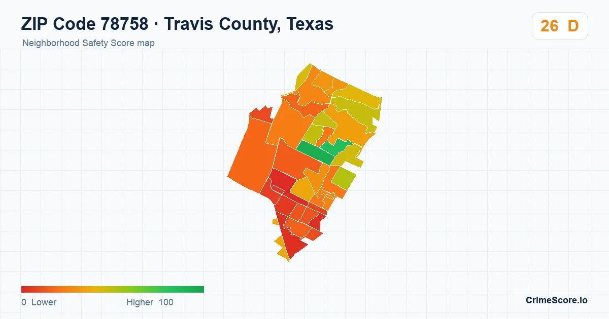 ZIP Code 78758 in Travis County, Texas neighborhood Safety Score map