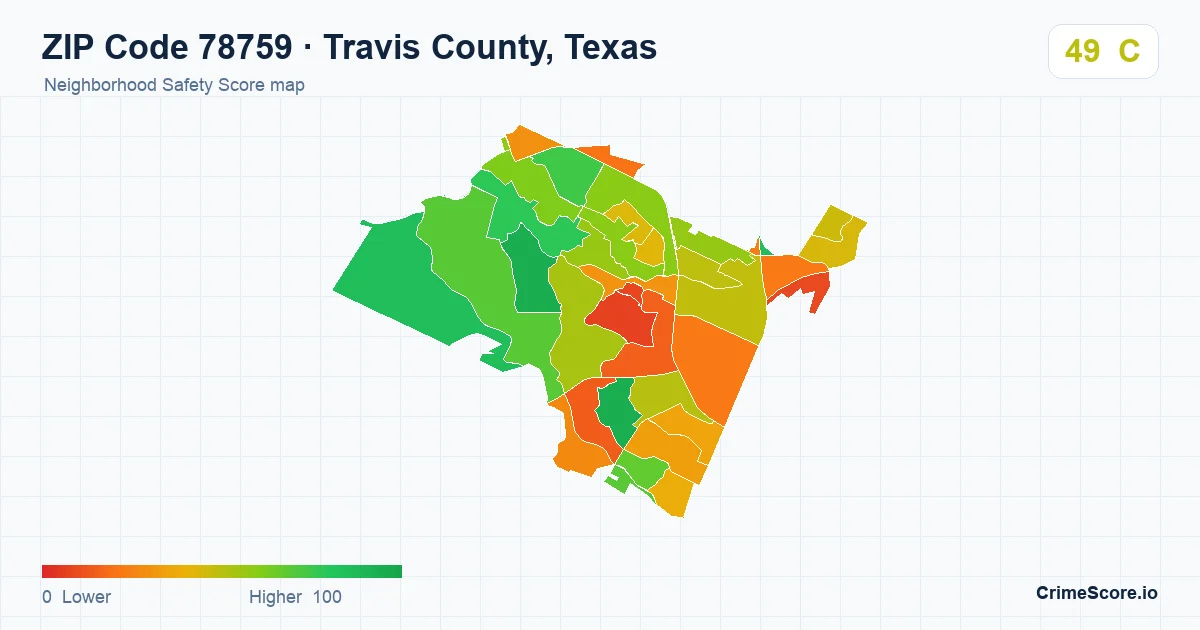 ZIP Code 78759 in Travis County, Texas neighborhood Safety Score map