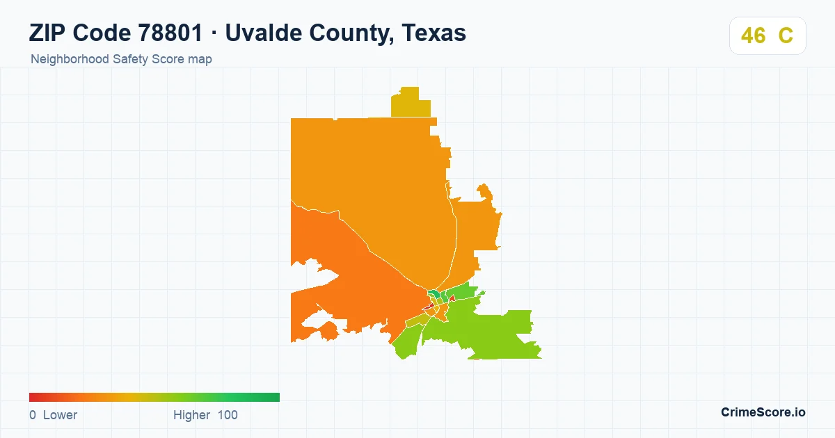 ZIP Code 78801 in Uvalde County, Texas neighborhood Safety Score map