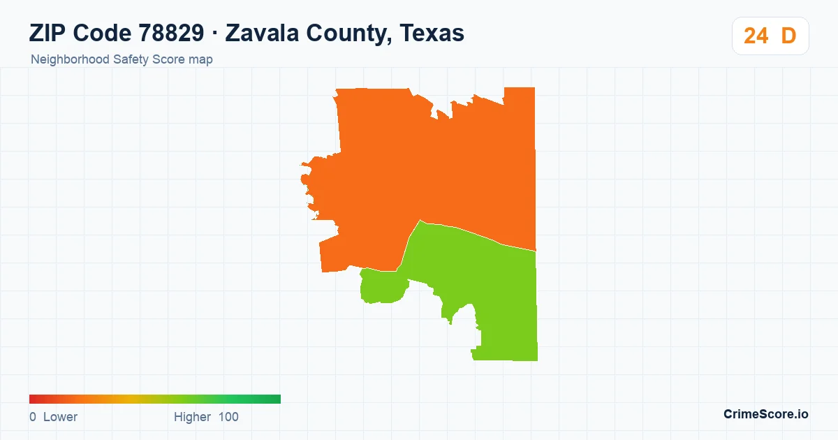 ZIP Code 78829 in Zavala County, Texas neighborhood Safety Score map