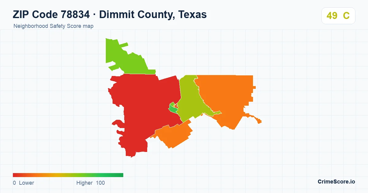 ZIP Code 78834 in Dimmit County, Texas neighborhood Safety Score map