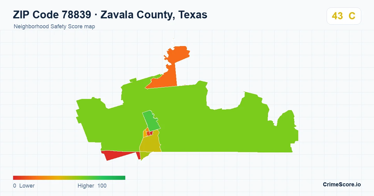 ZIP Code 78839 in Zavala County, Texas neighborhood Safety Score map