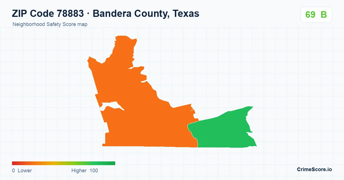 ZIP Code 78883 in Bandera County, Texas neighborhood Safety Score map