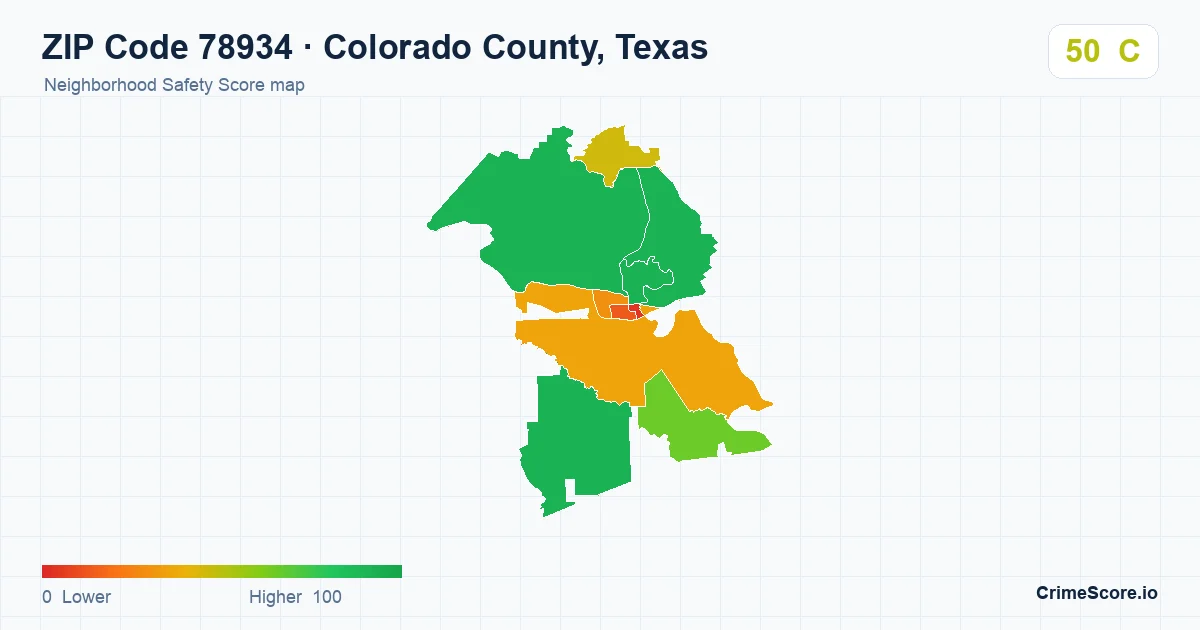 ZIP Code 78934 in Colorado County, Texas neighborhood Safety Score map