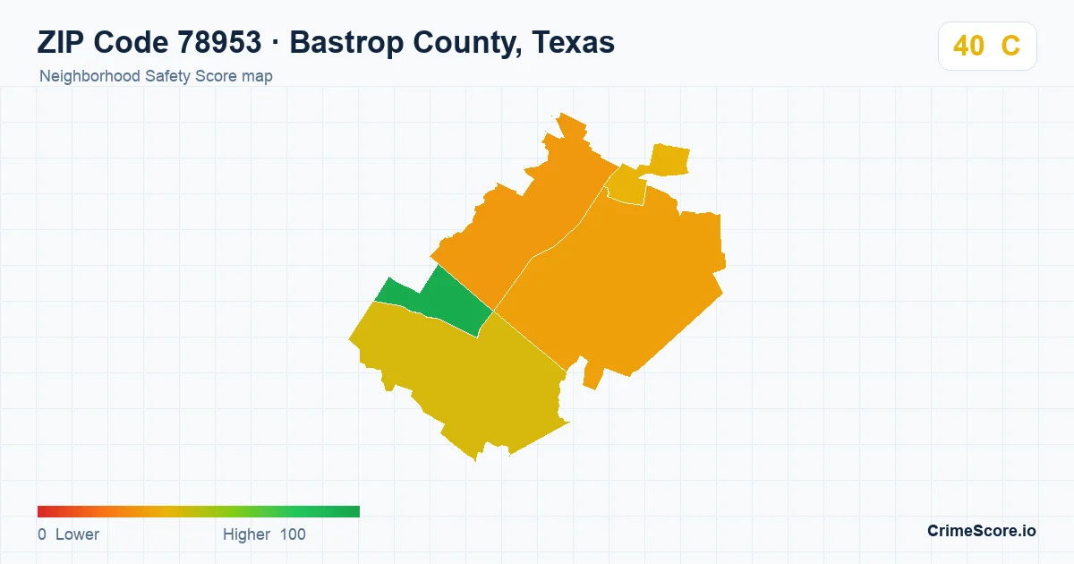 ZIP Code 78953 in Bastrop County, Texas neighborhood Safety Score map