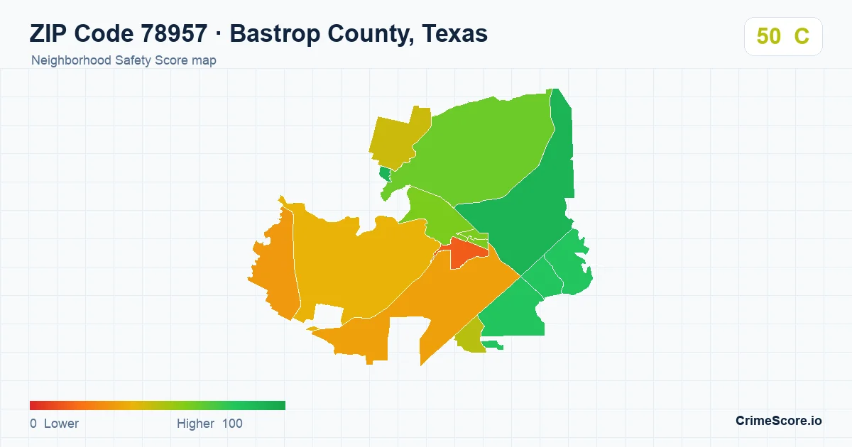 ZIP Code 78957 in Bastrop County, Texas neighborhood Safety Score map