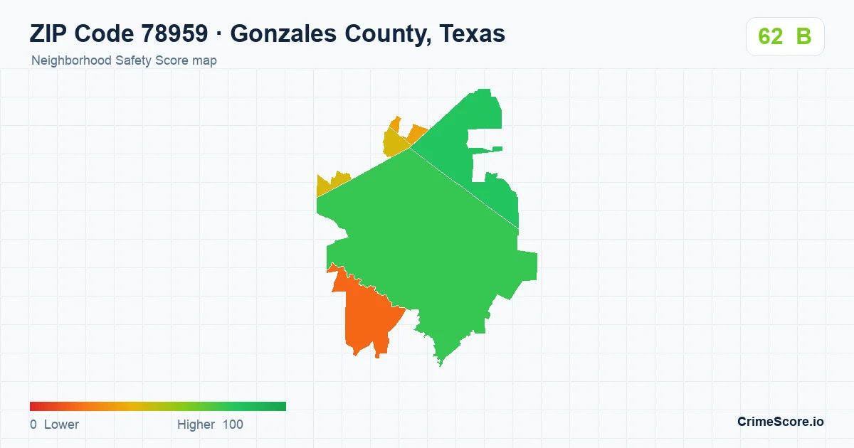 ZIP Code 78959 in Gonzales County, Texas neighborhood Safety Score map