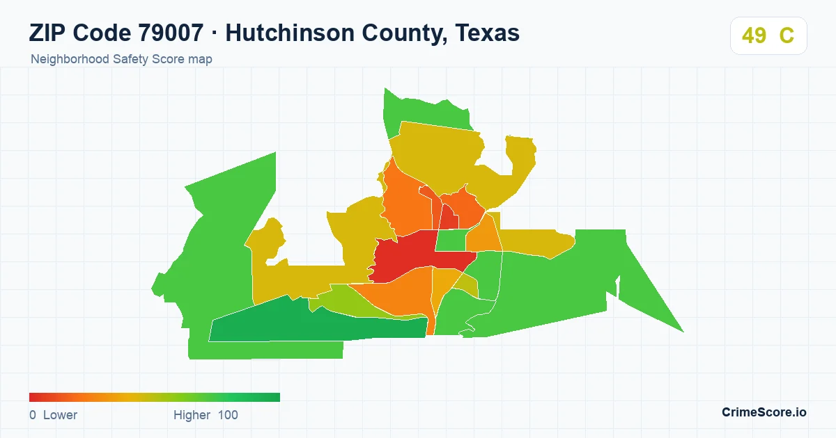 ZIP Code 79007 in Hutchinson County, Texas neighborhood Safety Score map