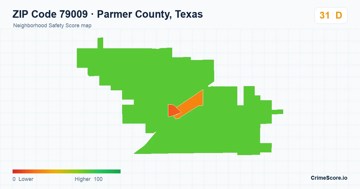 ZIP Code 79009 in Parmer County, Texas neighborhood Safety Score map