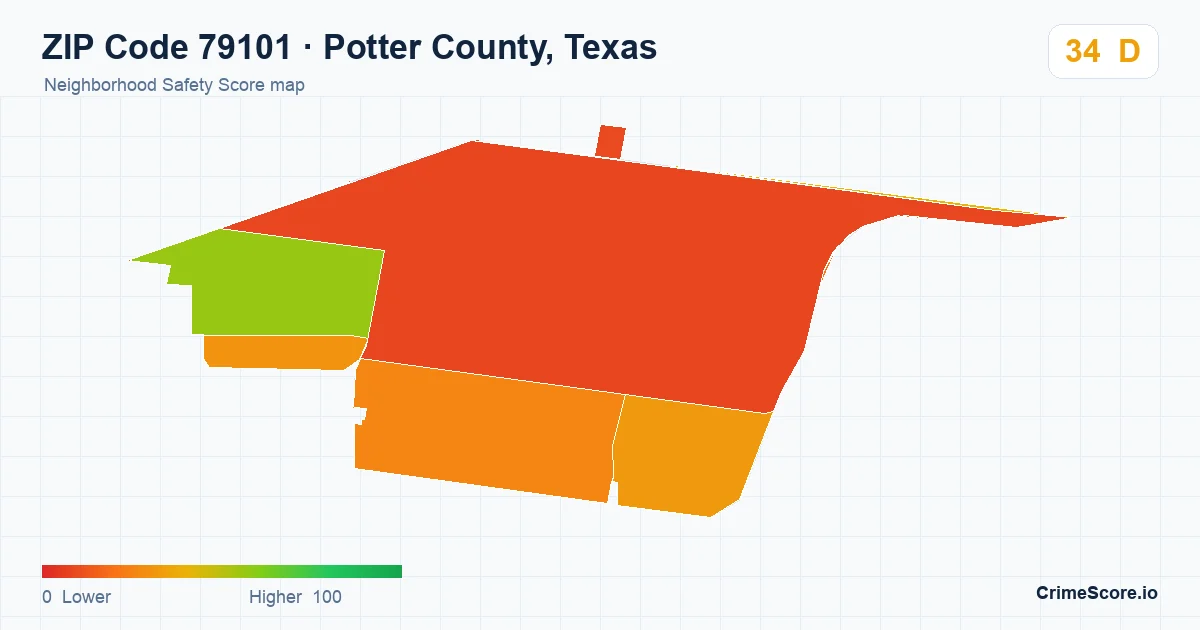 ZIP Code 79101 in Potter County, Texas neighborhood Safety Score map