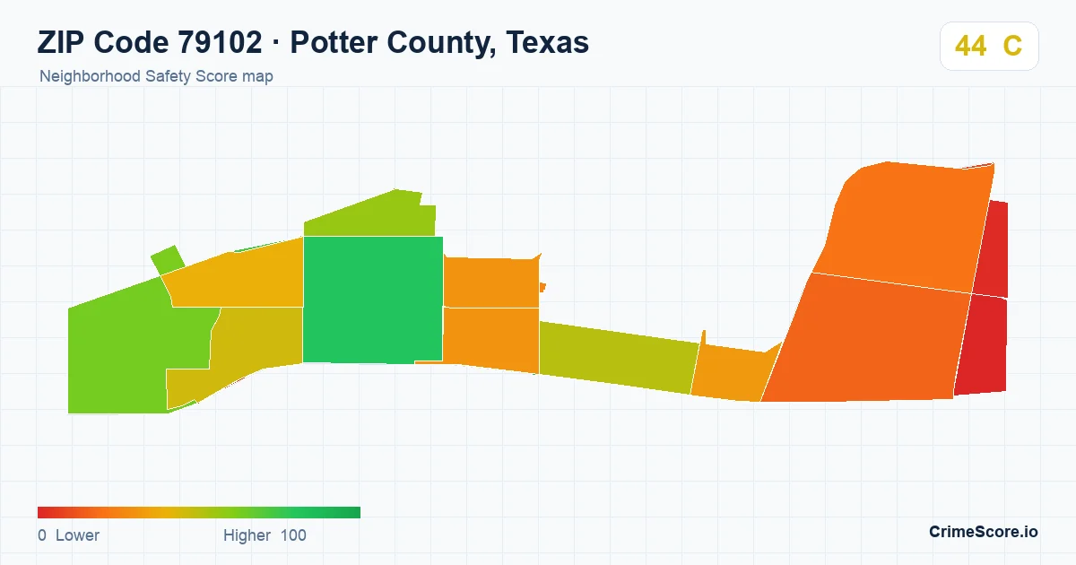 ZIP Code 79102 in Potter County, Texas neighborhood Safety Score map