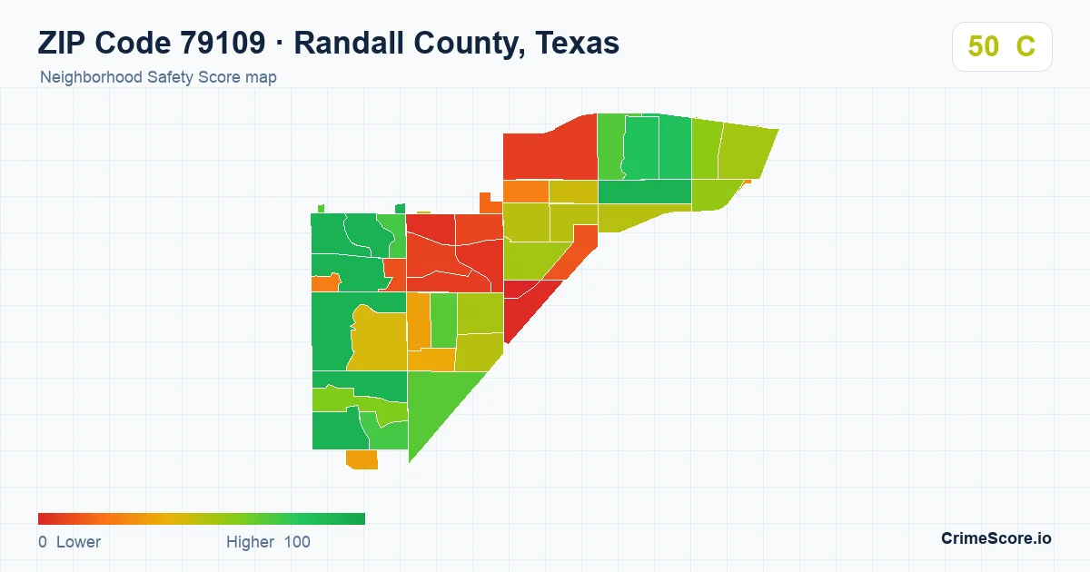 ZIP Code 79109 in Randall County, Texas neighborhood Safety Score map