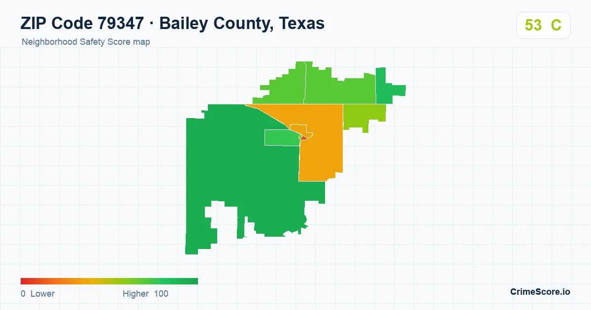 ZIP Code 79347 in Bailey County, Texas neighborhood Safety Score map