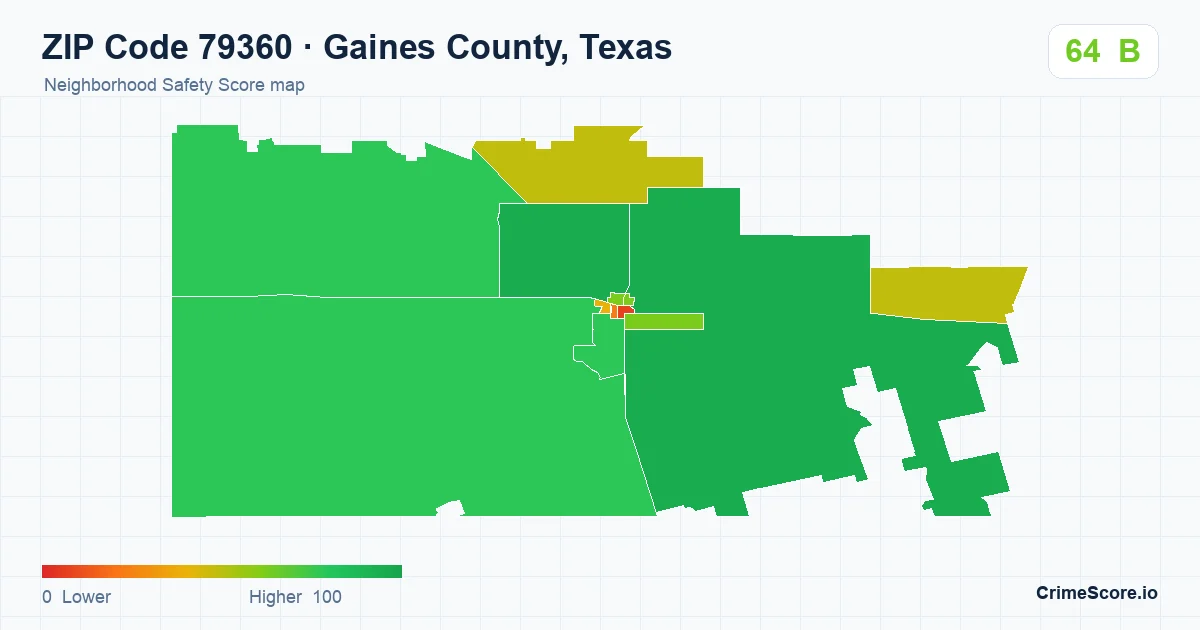 ZIP Code 79360 in Gaines County, Texas neighborhood Safety Score map