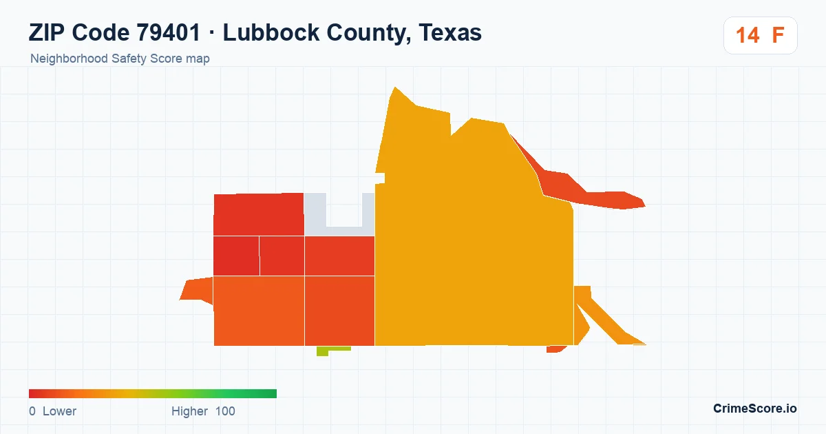 ZIP Code 79401 in Lubbock County, Texas neighborhood Safety Score map