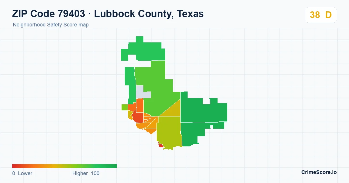ZIP Code 79403 in Lubbock County, Texas neighborhood Safety Score map