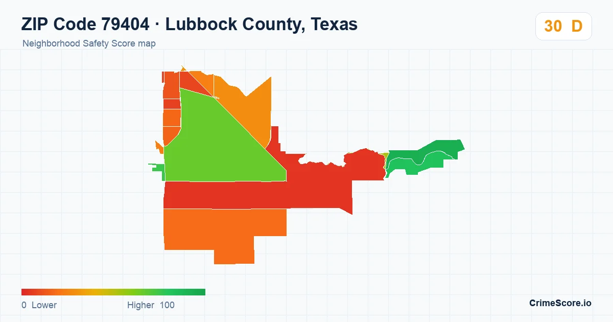 ZIP Code 79404 in Lubbock County, Texas neighborhood Safety Score map