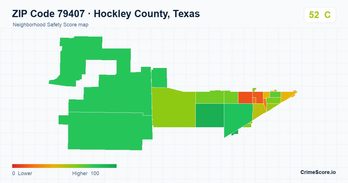 ZIP Code 79407 in Hockley County, Texas neighborhood Safety Score map