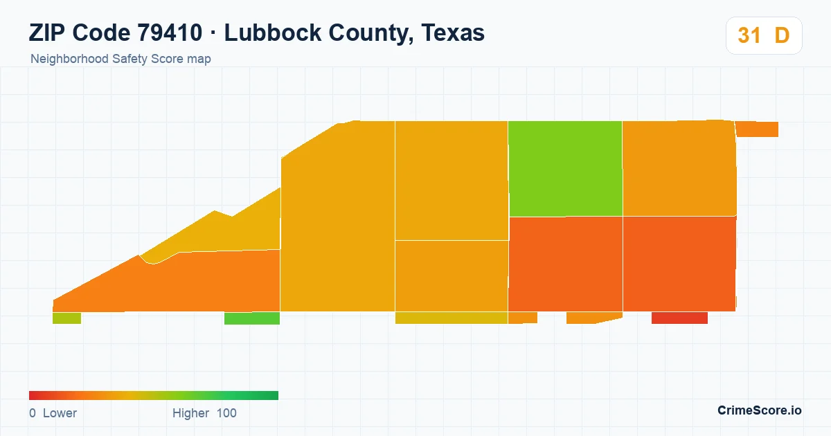 ZIP Code 79410 in Lubbock County, Texas neighborhood Safety Score map