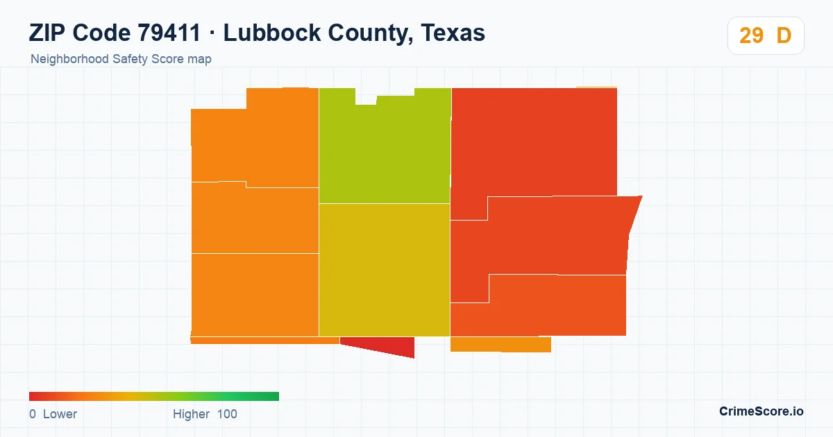 ZIP Code 79411 in Lubbock County, Texas neighborhood Safety Score map