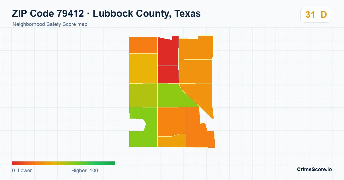 ZIP Code 79412 in Lubbock County, Texas neighborhood Safety Score map