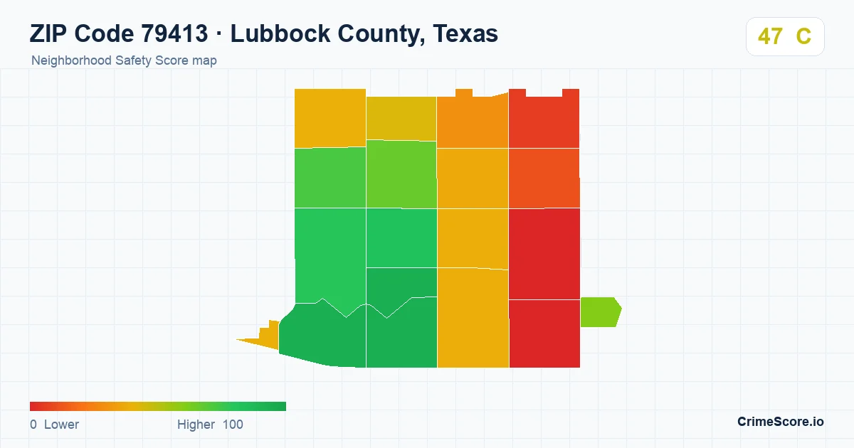 ZIP Code 79413 in Lubbock County, Texas neighborhood Safety Score map