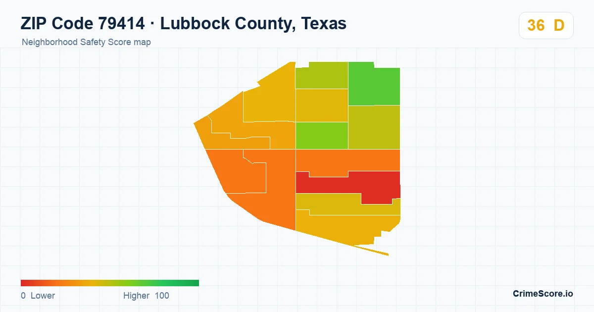 ZIP Code 79414 in Lubbock County, Texas neighborhood Safety Score map