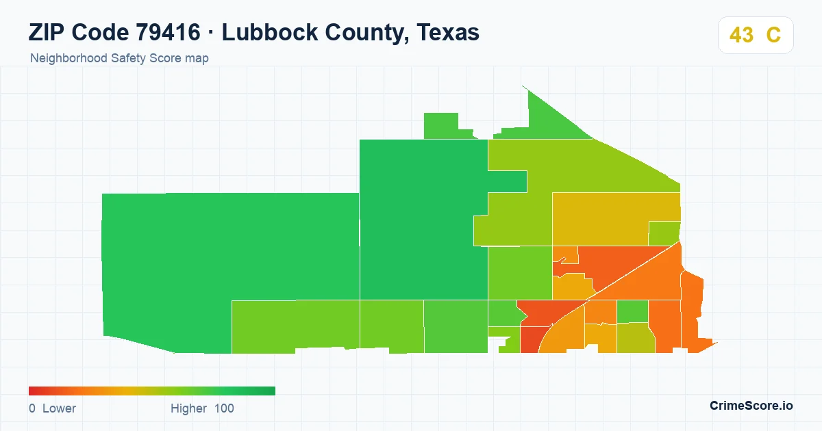ZIP Code 79416 in Lubbock County, Texas neighborhood Safety Score map