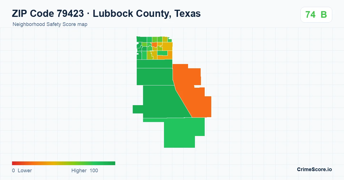 ZIP Code 79423 in Lubbock County, Texas neighborhood Safety Score map