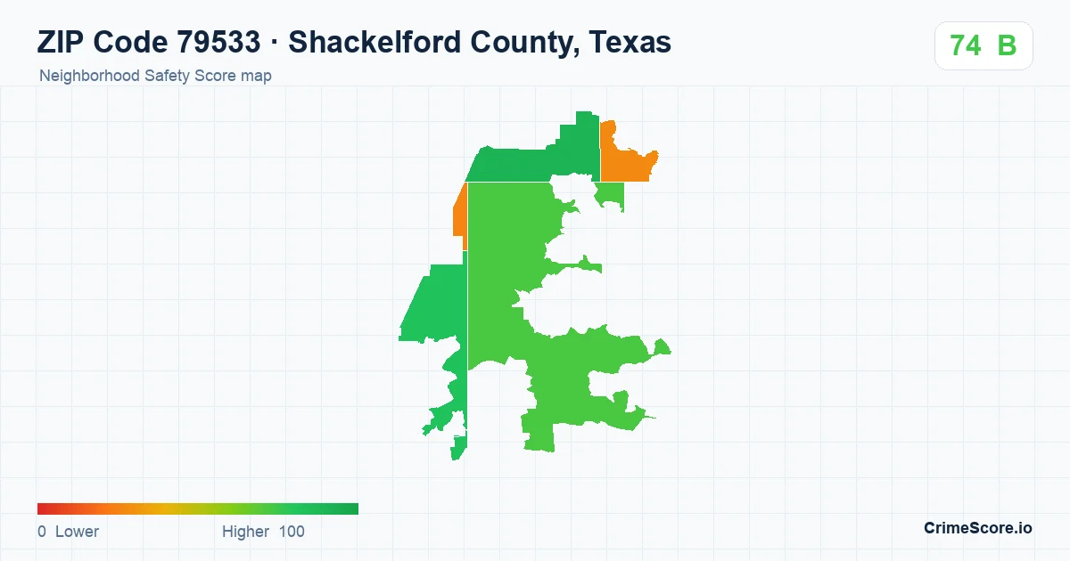 ZIP Code 79533 in Shackelford County, Texas neighborhood Safety Score map