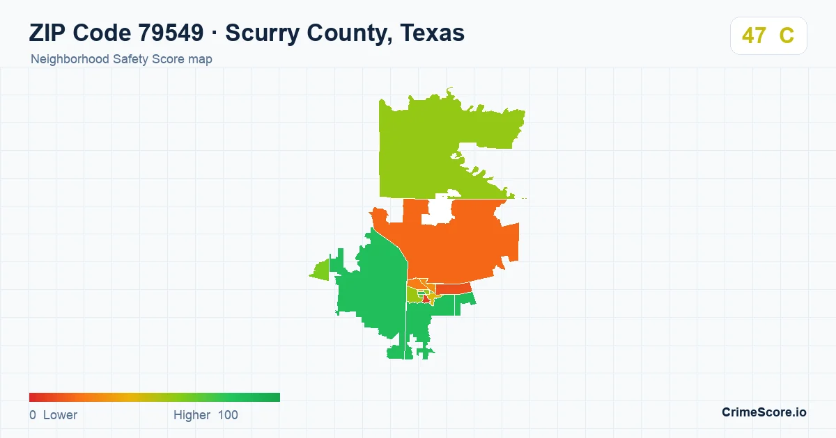 ZIP Code 79549 in Scurry County, Texas neighborhood Safety Score map