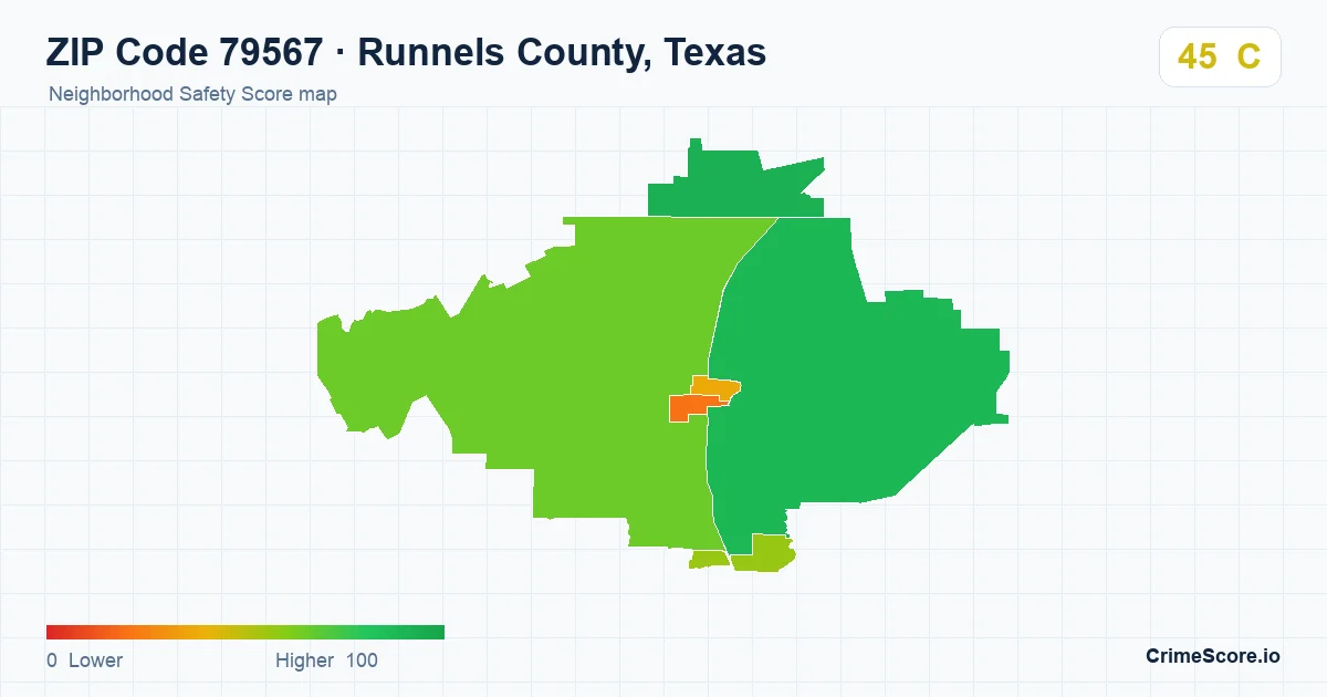 ZIP Code 79567 in Runnels County, Texas neighborhood Safety Score map