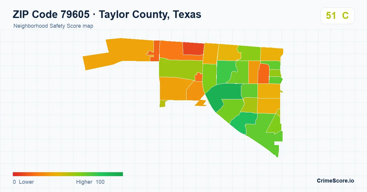 ZIP Code 79605 in Taylor County, Texas neighborhood Safety Score map
