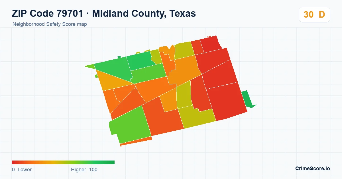 ZIP Code 79701 in Midland County, Texas neighborhood Safety Score map