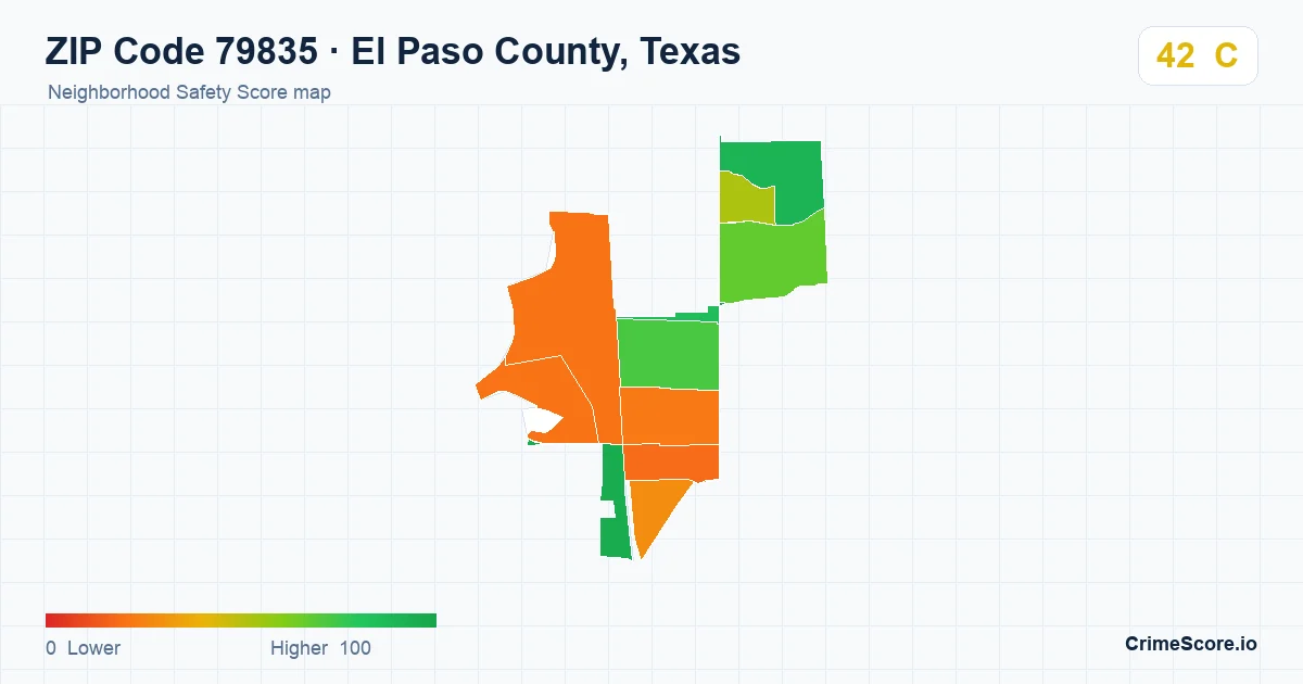 ZIP Code 79835 in El Paso County, Texas neighborhood Safety Score map
