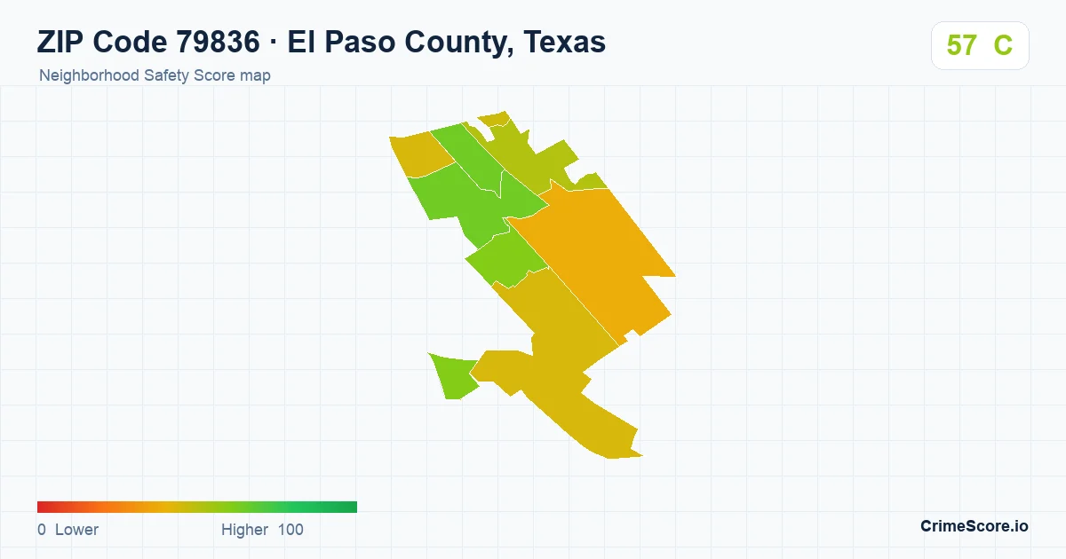 ZIP Code 79836 in El Paso County, Texas neighborhood Safety Score map