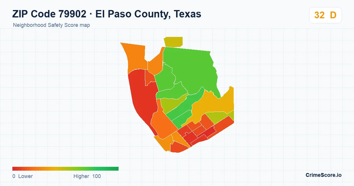 ZIP Code 79902 in El Paso County, Texas neighborhood Safety Score map