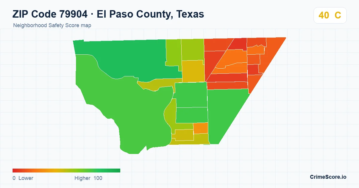 ZIP Code 79904 in El Paso County, Texas neighborhood Safety Score map