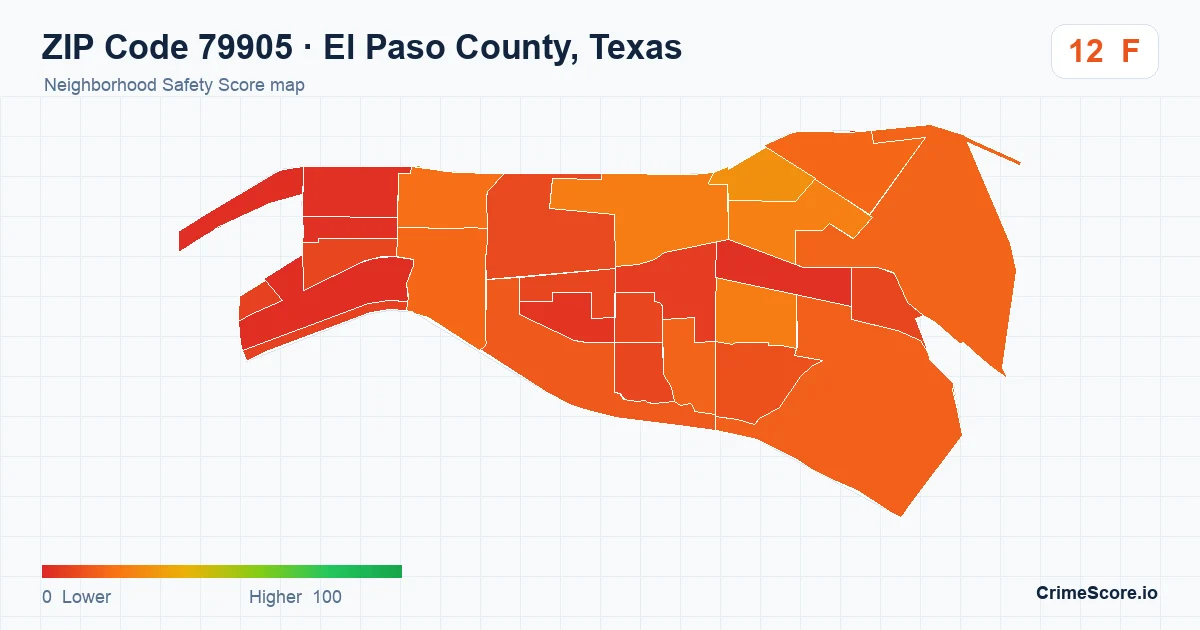 ZIP Code 79905 in El Paso County, Texas neighborhood Safety Score map