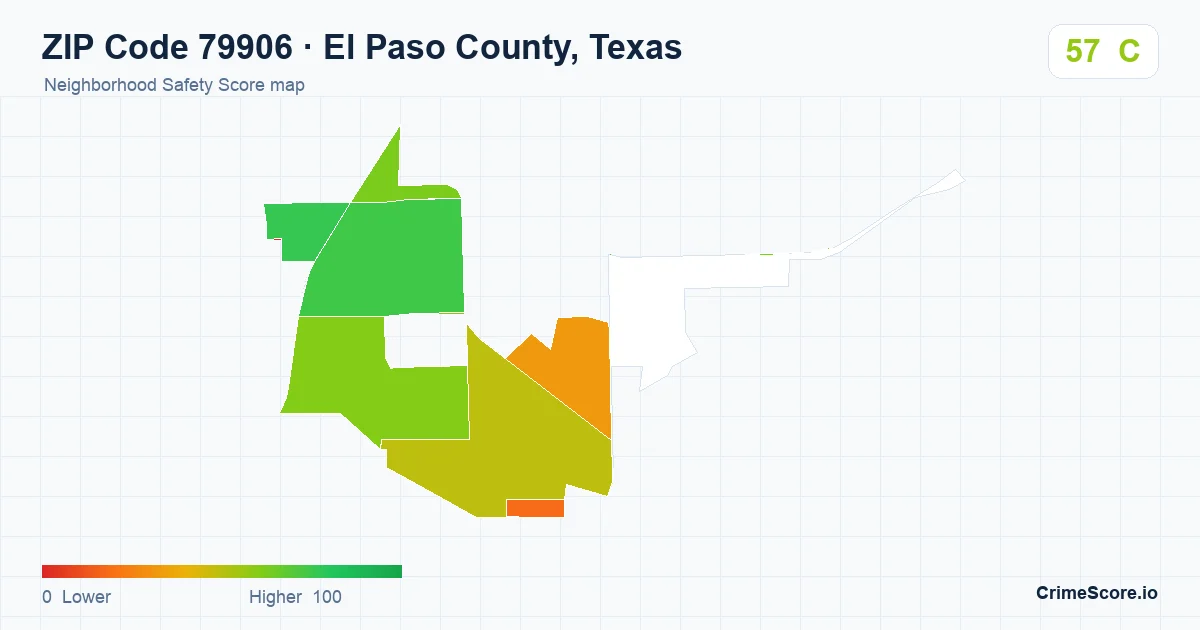 ZIP Code 79906 in El Paso County, Texas neighborhood Safety Score map