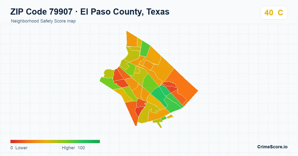 ZIP Code 79907 in El Paso County, Texas neighborhood Safety Score map